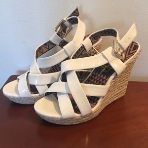 White patent leather Jessica Simpson wedges